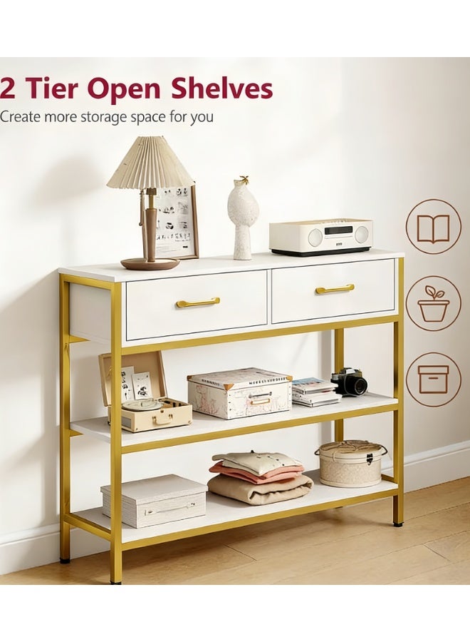 Entryway Table, Console Table with 2 Drawers, Sofa Table Narrow Long with Storage Shelves for Living Room, Couch, Hallway, Foyer, White and Golden (BJ100) - Image 4